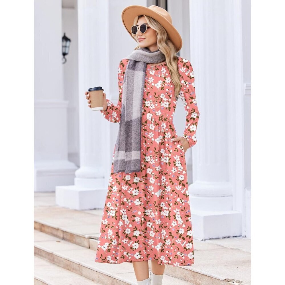 Zeagoo Women Pink Floral Long Sleeve Flowy A-Line Boho Long Dress with Pockets - Picture 4 of 6